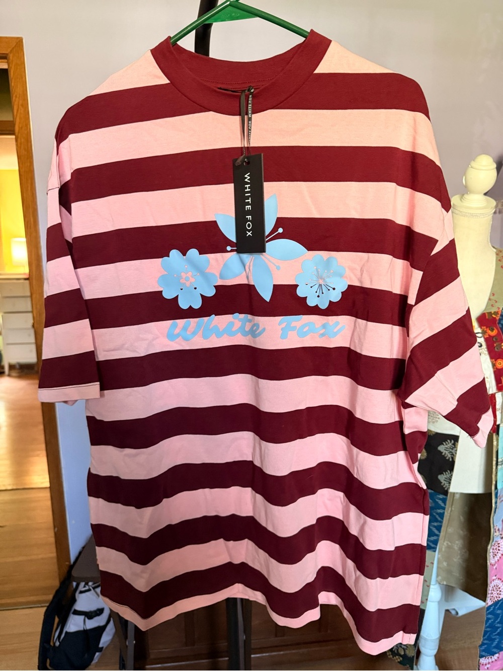 White Fox Boutique Pink and Burgundy Striped Short Sleeve Tee